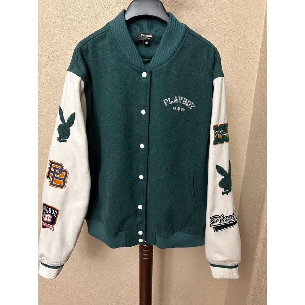 Playboy by PacSun Mens Green Wool Blend Patch Varsity Bomber Jacket Large
